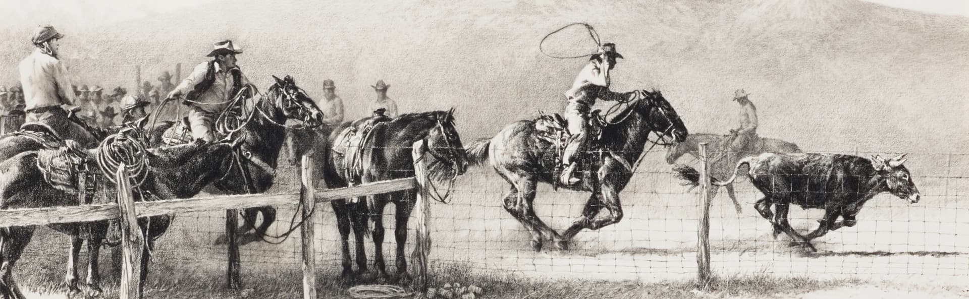 Cowboys roping cattle — western art